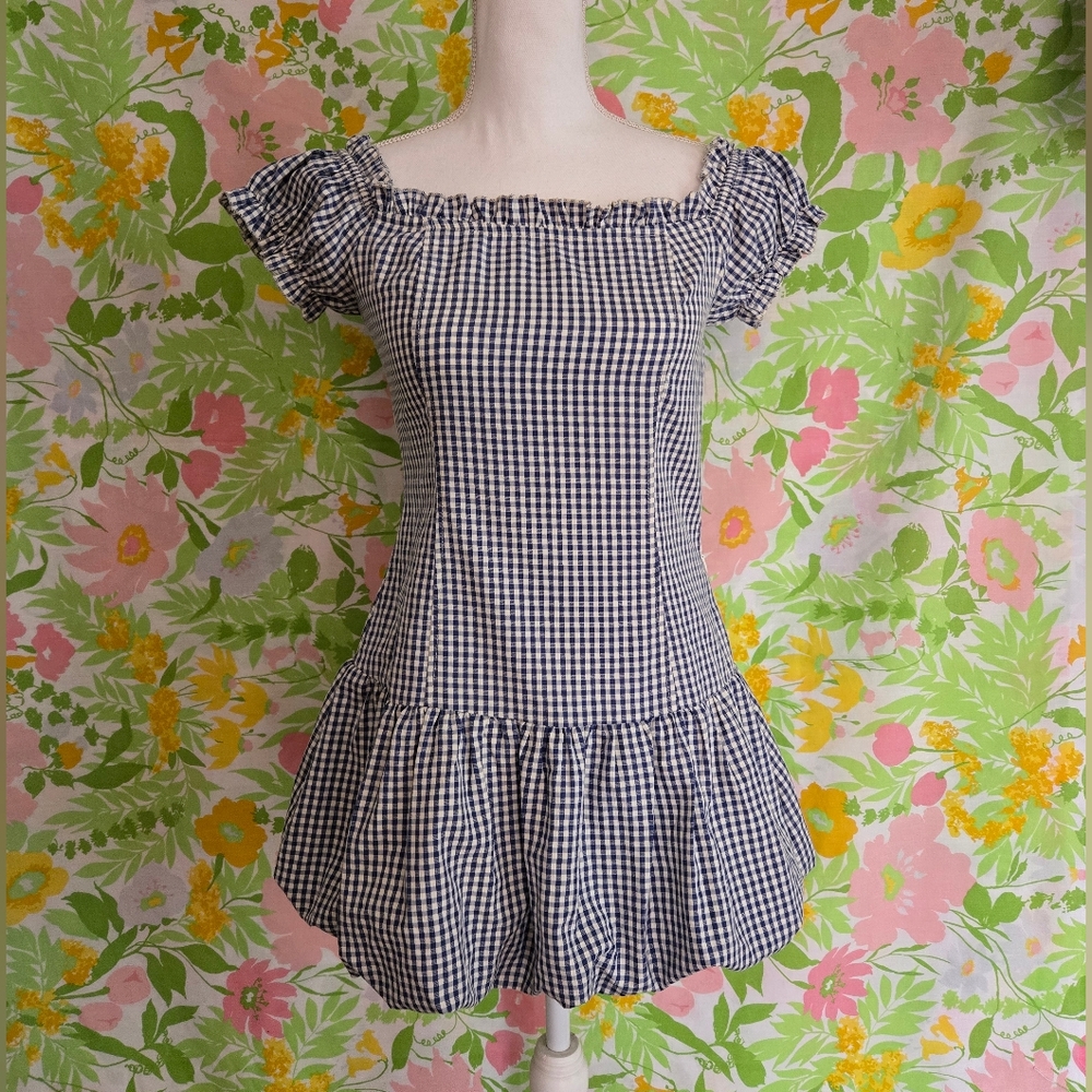 Edikted Blue And White Gingham Bubble Hem Drop Waist Mini Dress